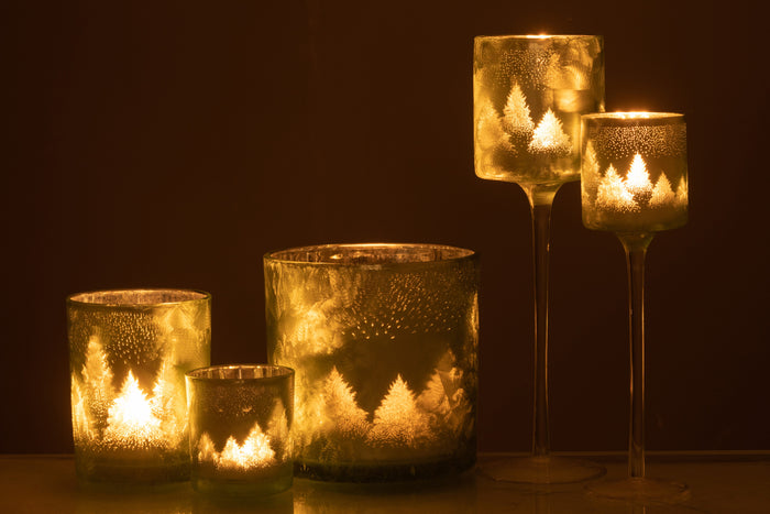 J-Line Theelicht Houder Boom Op Voet Glas Groen|Zilver Large
