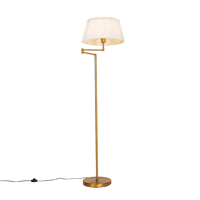 QAZQA Vloerlamp brons met wit plisse kap en verstelbare arm - Ladas