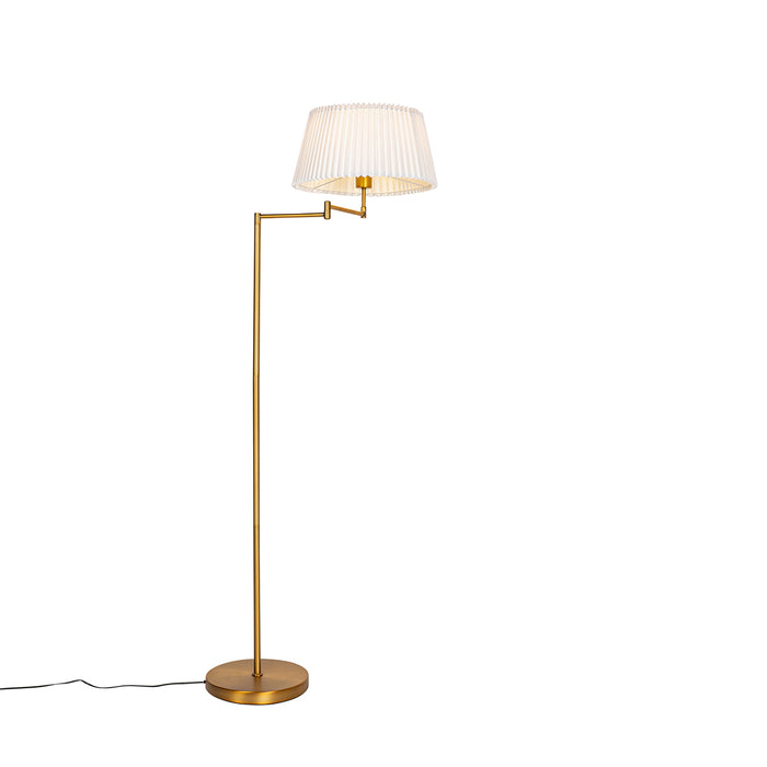 QAZQA Vloerlamp brons met wit plisse kap en verstelbare arm - Ladas