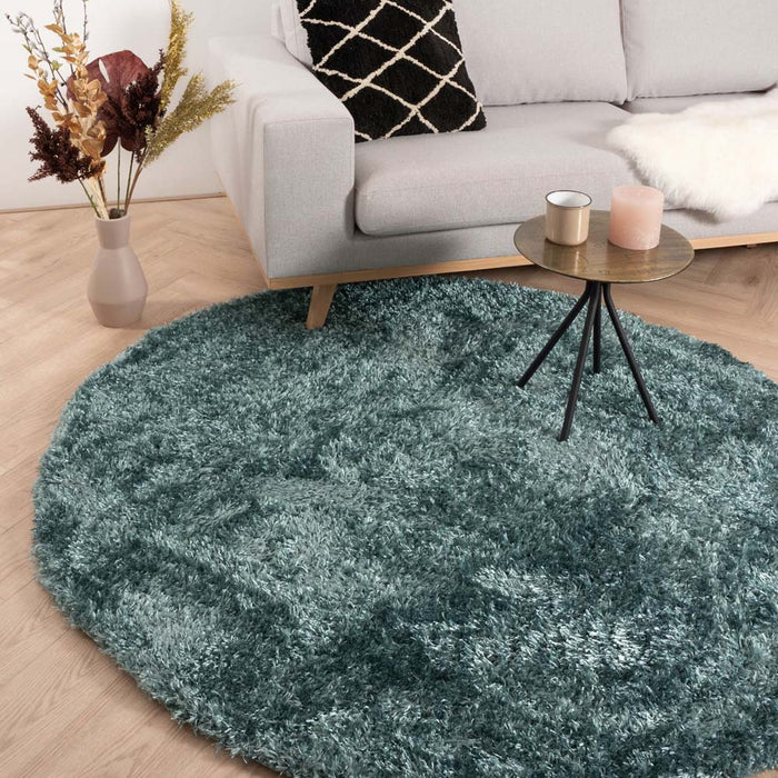 Tapeso Rond hoogpolig vloerkleed velours Posh - turquoise - 80 cm