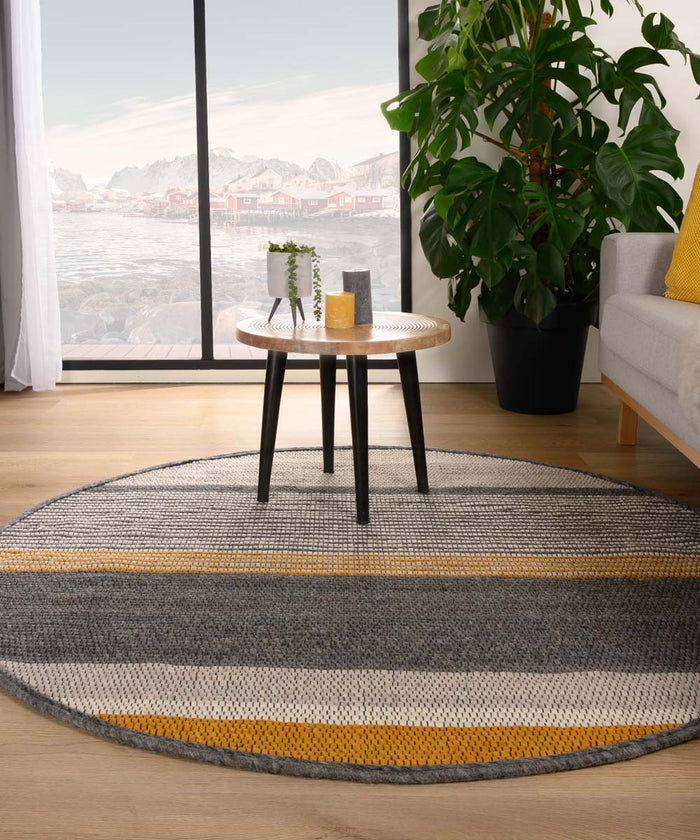 Nordic Weavers Rond wollen vloerkleed strepen Lett - okergeel|grijs -