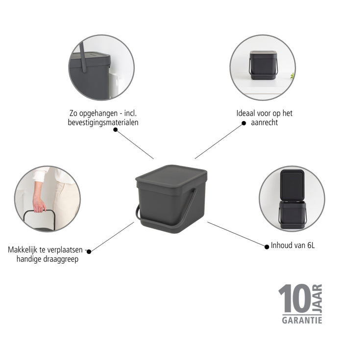 Brabantia Sort & Go Afvalemmer 6 L - Donkergrijs