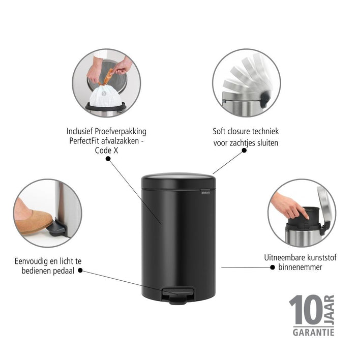 Brabantia NewIcon Pedaalemmer 12 L - Mat Zwart