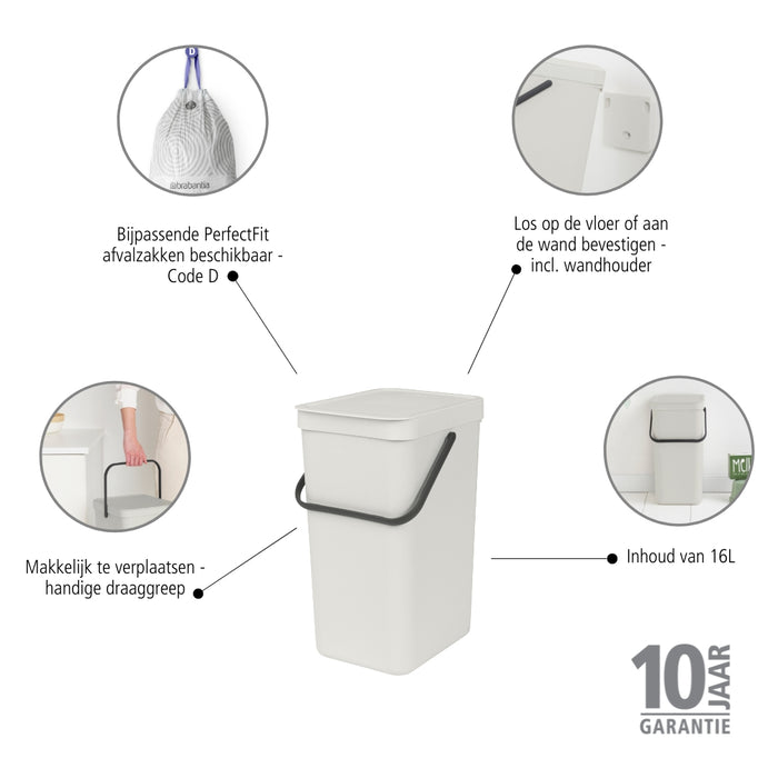 Brabantia Sort & Go Afvalemmer / Opberger 16 L - Grijs