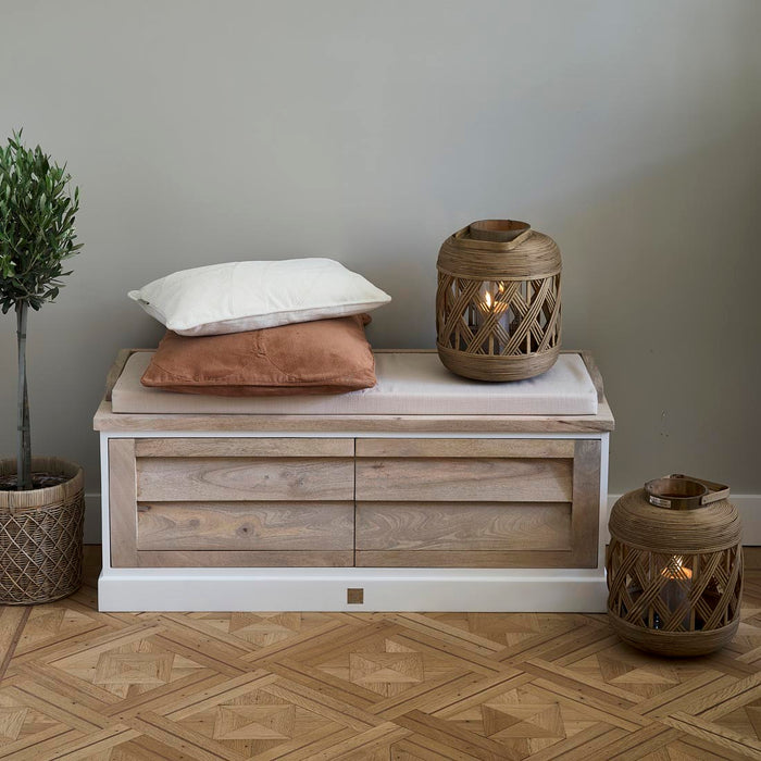 Rivièra Maison - Handgemaakte Opbergbank, Mangohout met Katoenen Bekleding, 40x48x110 cm
