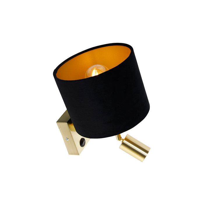 QAZQA Wandlamp messing met leeslamp en kap 18 cm zwart - Brescia