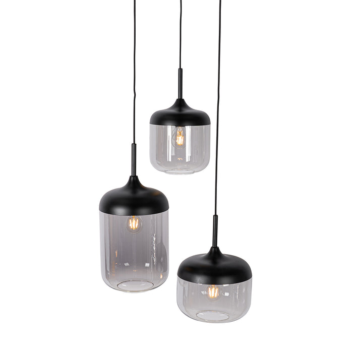QAZQA Hanglamp zwart met goud en smoke glas 3-lichts rond - Kyan