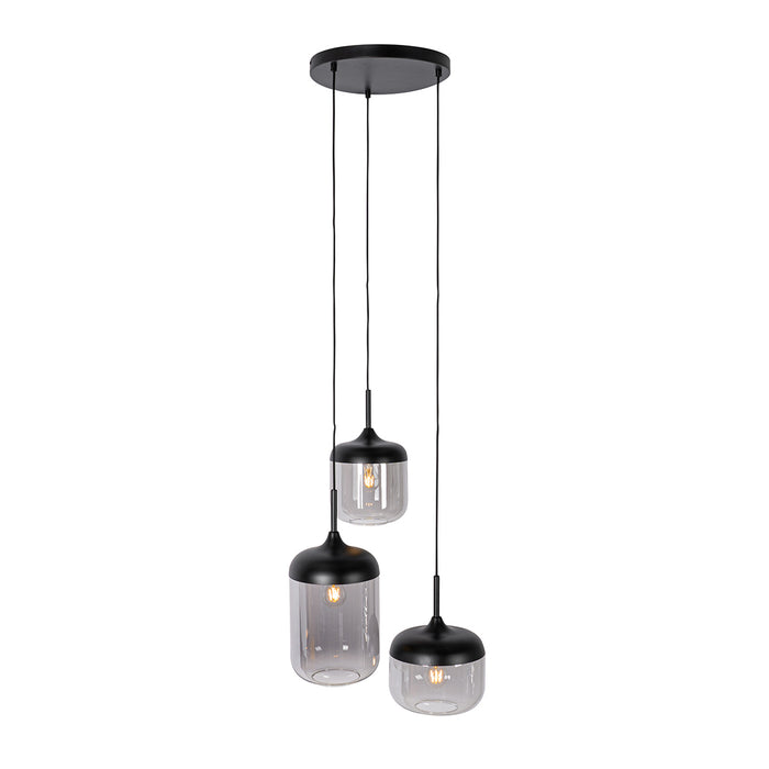 QAZQA Hanglamp zwart met goud en smoke glas 3-lichts rond - Kyan