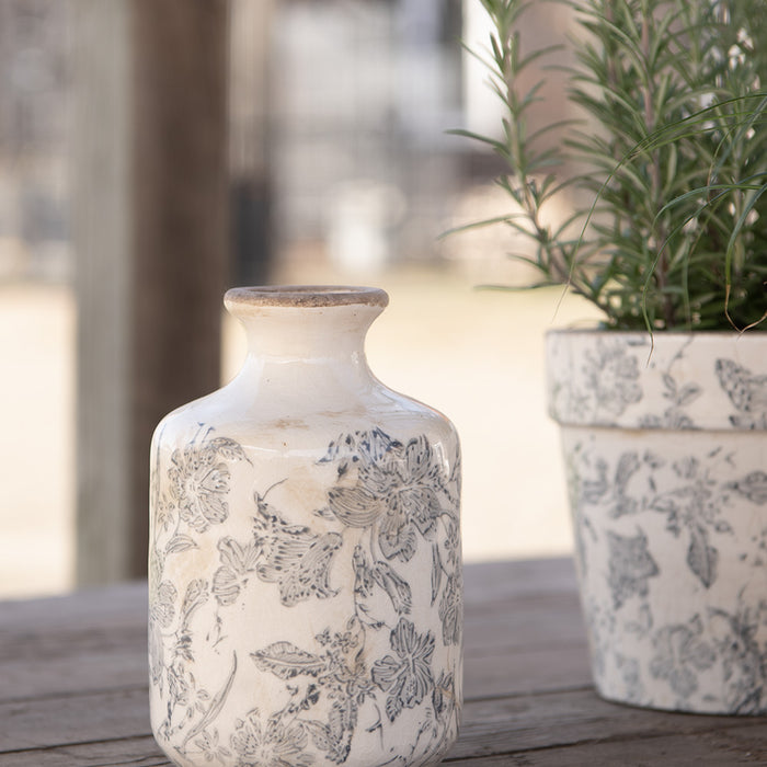 Clayre & Eef Vaas Ø 11x17 cm Grijs Beige Keramiek Bloemen Decoratie