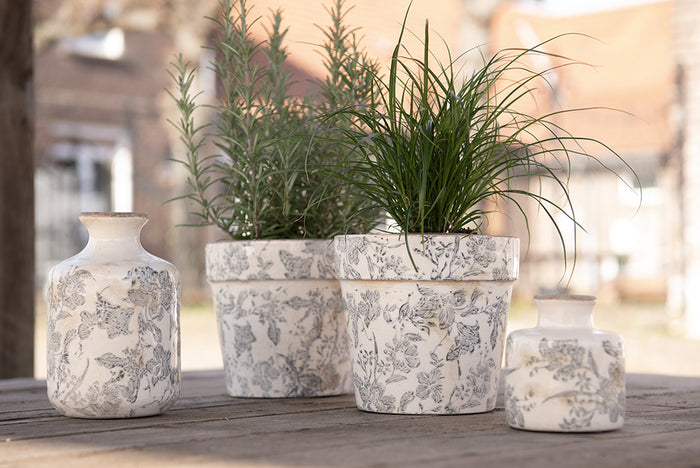 Clayre & Eef Vaas Ø 11x17 cm Grijs Beige Keramiek Bloemen Decoratie