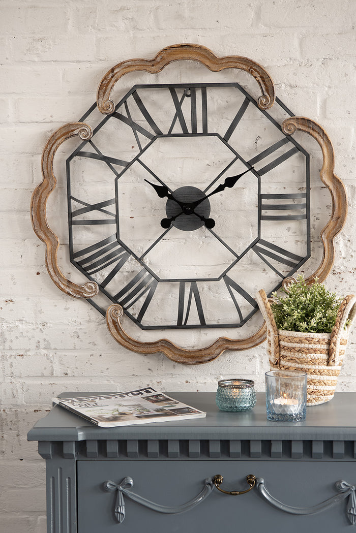 Clayre & Eef Wandklok Ø 70 cm Bruin Grijs Hout Ijzer Muurklok