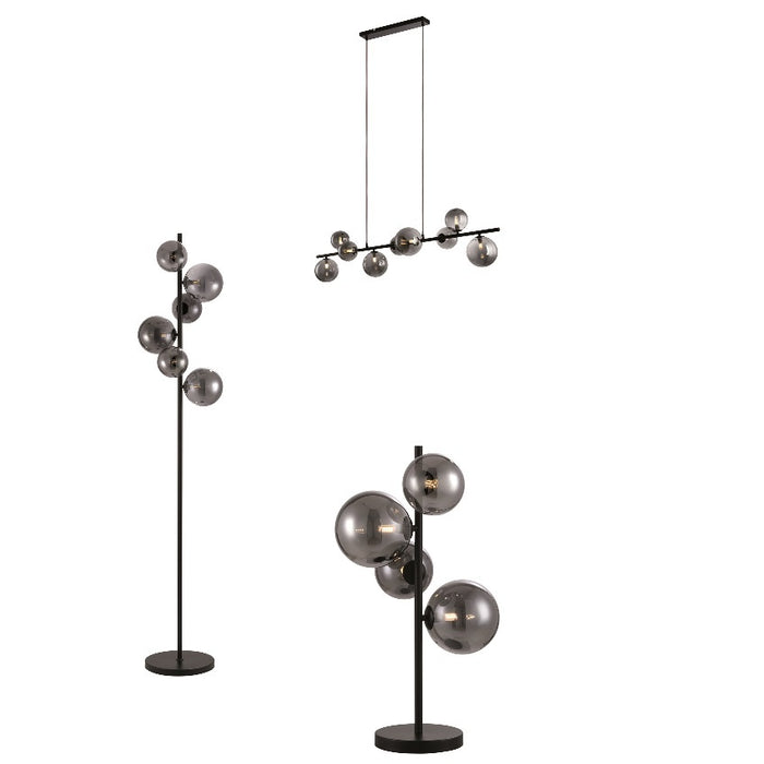 Freelight Hanglamp Calcio Zwart - Smoke Glas 9Lichts 125cm