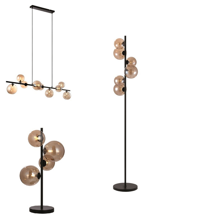 Freelight Hanglamp Calcio Zwart - Amber Glas 9Lichts 125cm