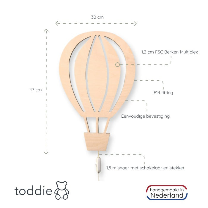 Houten wandlamp kinderkamer | Luchtballon - blank