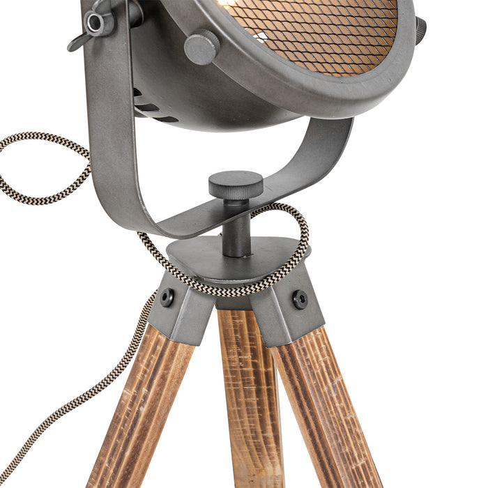 QAZQA Industriële tafellamp tripod staal met hout kantelbaar - Emado