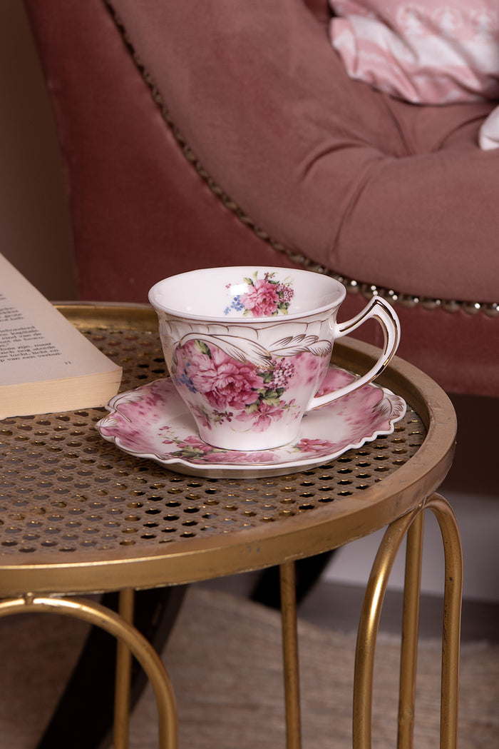 Clayre & Eef Kop en schotel 200 ml Wit Roze Porselein Rond Bloemen