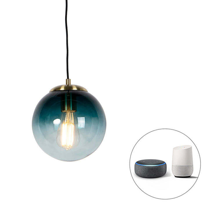 QAZQA Smart hanglamp messing met oceaanblauw glas 20 cm incl. Wifi