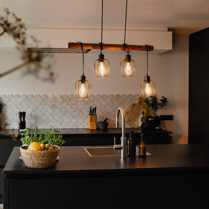 QAZQA Smart hanglamp zwart met hout incl. 4 Wifi A60 - Stronk