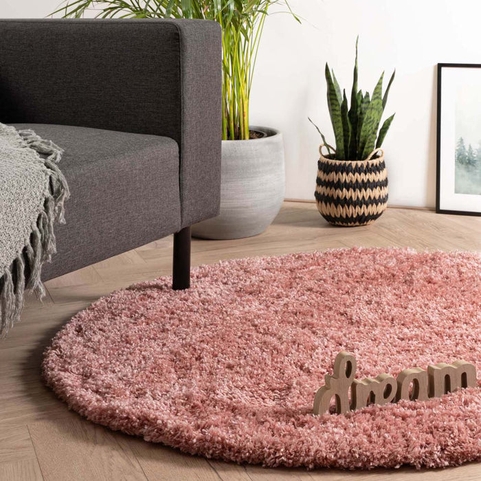 Tapeso Rond hoogpolig vloerkleed - Cozy Shaggy - roze - 80 cm