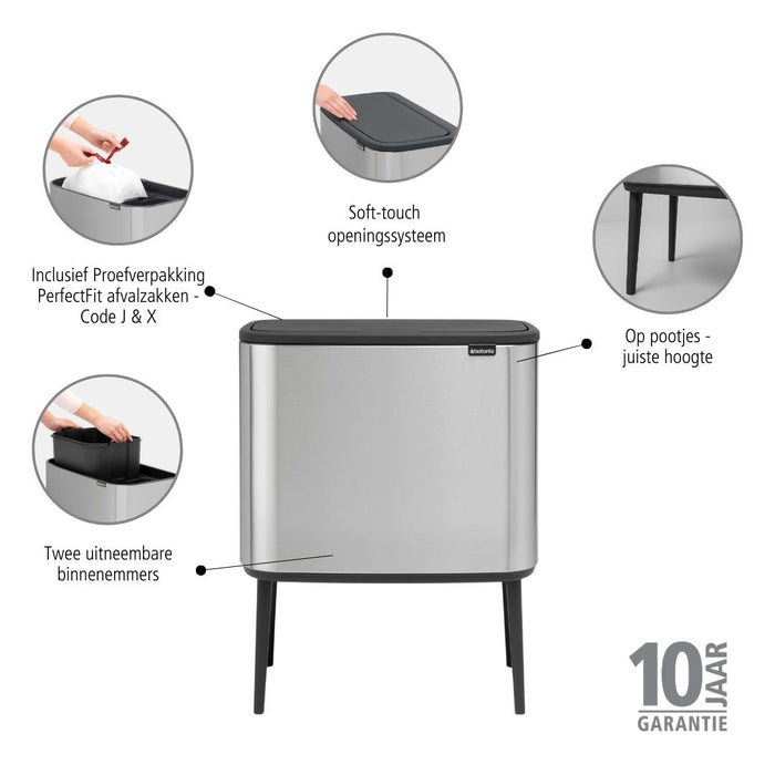 Brabantia Bo Touch Bin Afvalemmer 11 + 23 L - Vingerafdrukvrij - Zilver