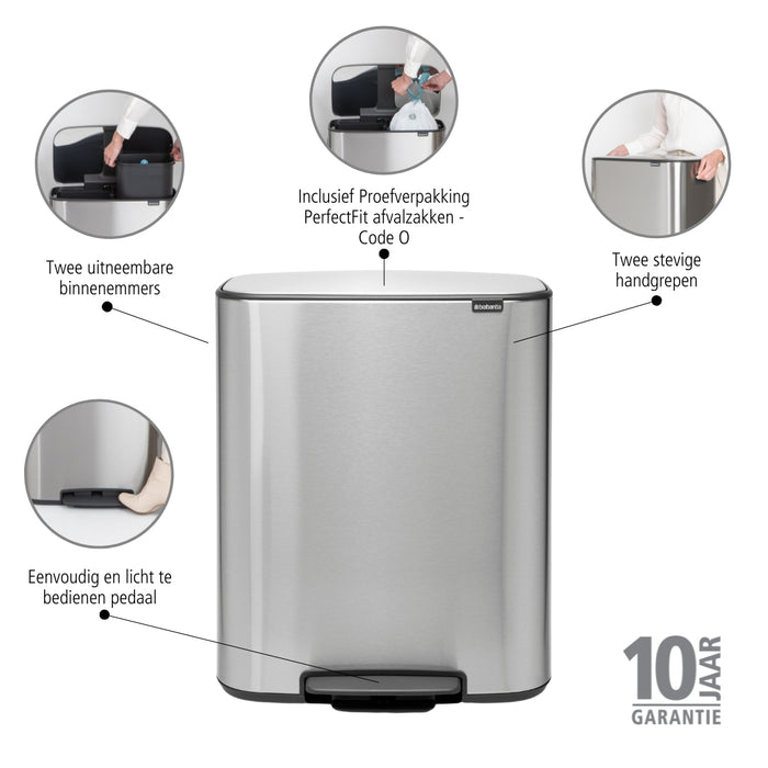 Brabantia Bo Pedaalemmer 60 Liter (2x30 liter) - Matt Steel