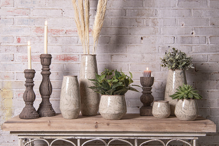 Clayre & Eef Vaas Ø 15x30 cm Groen Beige Keramiek Bladeren Decoratie