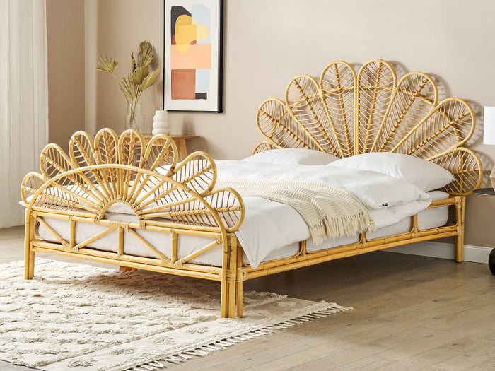 Beliani-FLORENTINE-Tweepersoonsbed-Lichtbruin-160 x 200 cm-Rotan