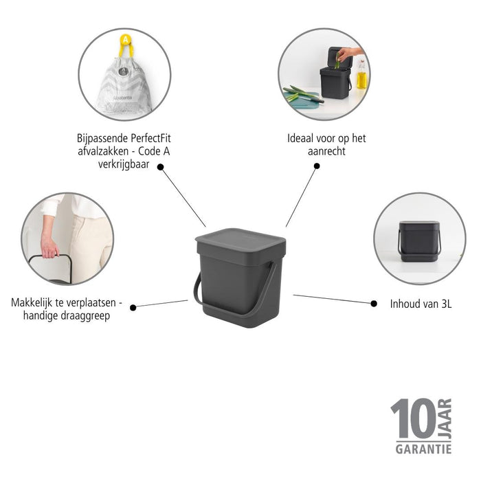 Brabantia Sort & Go Afvalemmer 3 L - Donkergrijs
