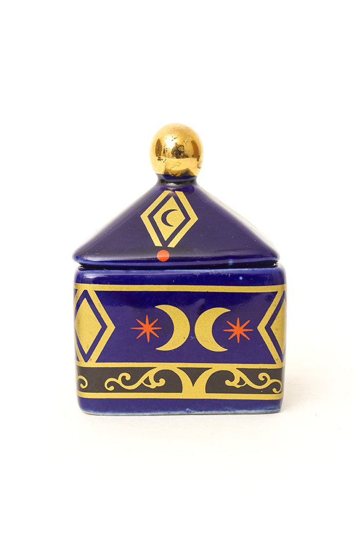 Reliving Blauw Potje Van Keramiek Met Print Van Goudkleurige Manen -