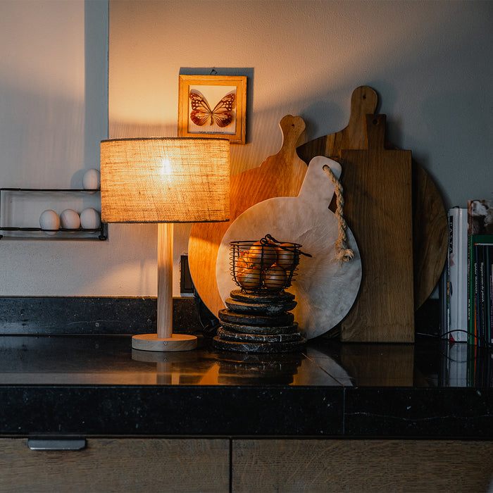 QAZQA Landelijke tafellamp hout met linnen kap naturel 25 cm - Mels