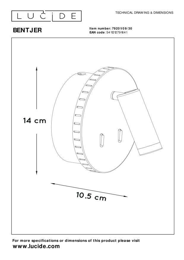 Lucide BENTJER Bedlamp - Zwart