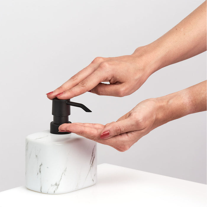 Zeller Zeeppompje|dispenser - keramiek - wit marmer look luxe - 13 cm