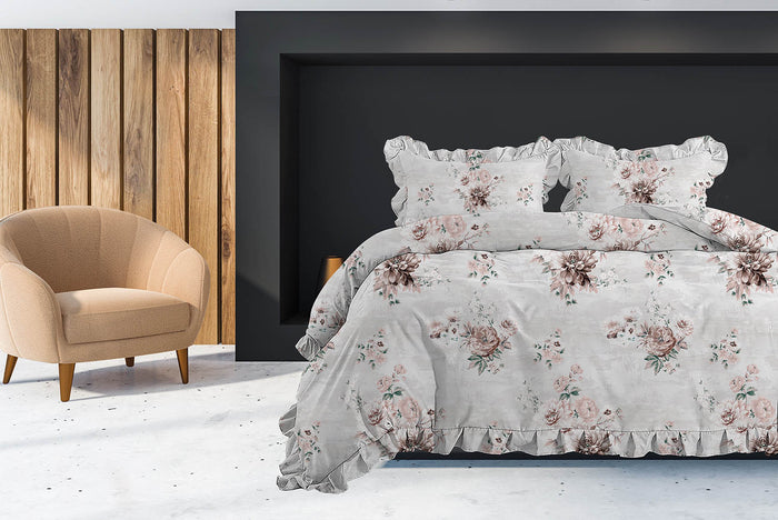 LINNICK Dekbedovertrek Katoen Cluster Floral Ruches - white