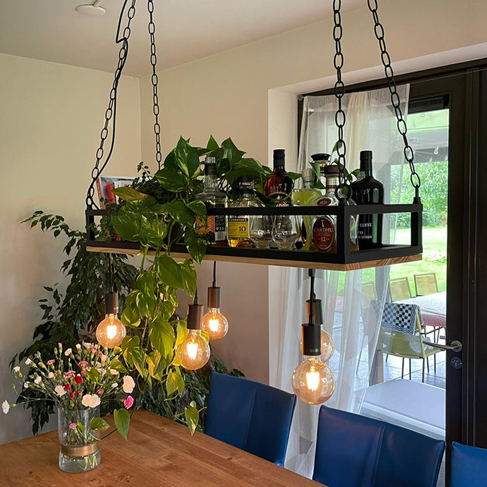 QAZQA Smart hanglamp zwart met hout incl. 5 Wifi G95 - Shelf