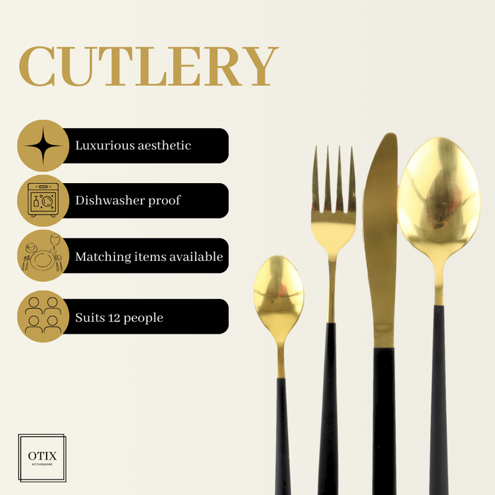 OTIX Bestekset Goud met Zwart 12 persoons 48-delig RVS