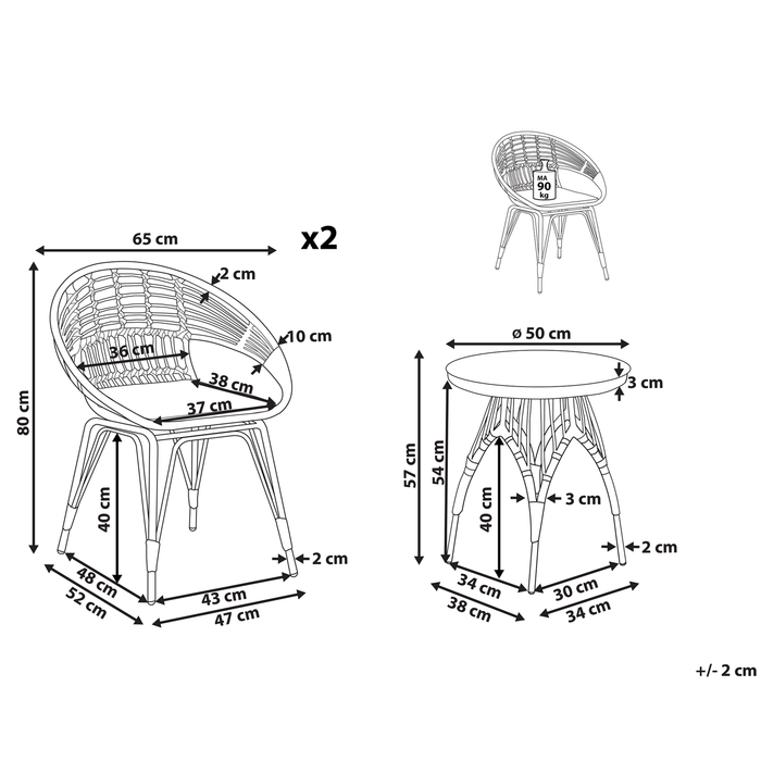 Beliani - PELLARO - Bistroset voor 2 - Natuurlijk - PE rotan