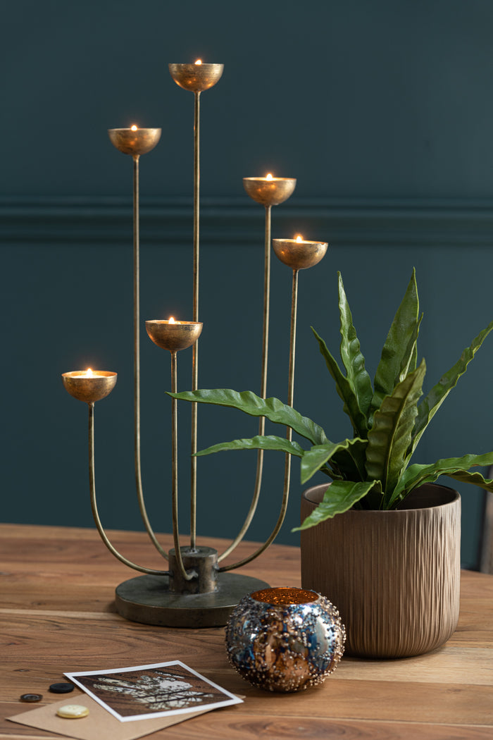 J-Line theelichthouder Lise - glas - bruin|goud - small