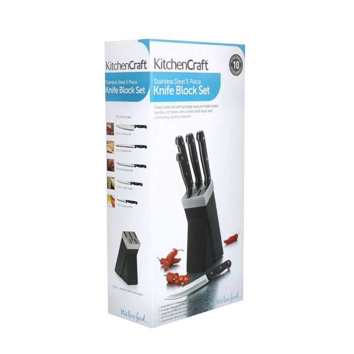 Messenset met Messenblok, 5 Messen, Zwart, Hout, RVS - KitchenCraft