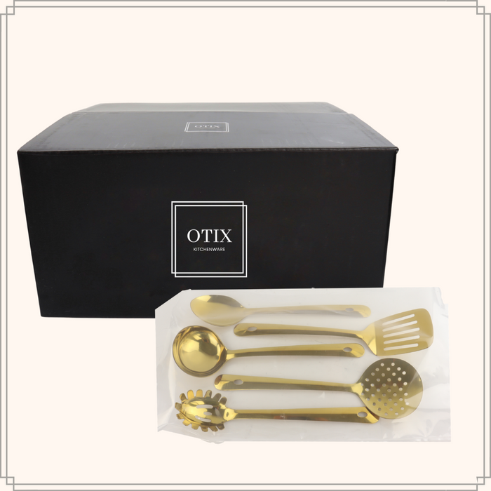 OTIX Keukengerei Set 5-delig Goud Schuimspaan Spaghettilepel Soeple...