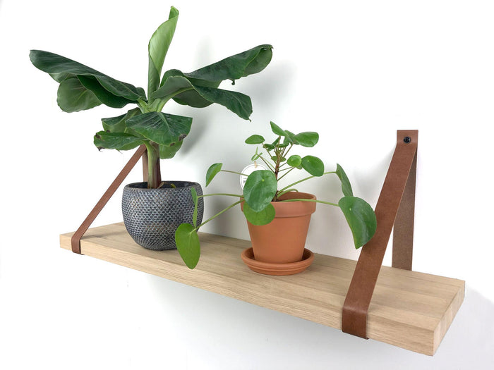 Woodbrothers Eiken wandplank massief recht 100x30cm + leren riem bruin