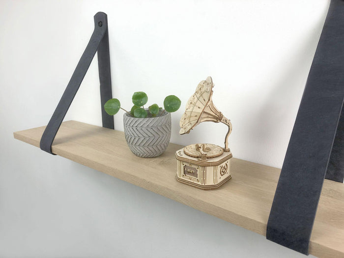 Woodbrothers Eiken 18mm wandplank recht 150x30cm + leren riem grijs