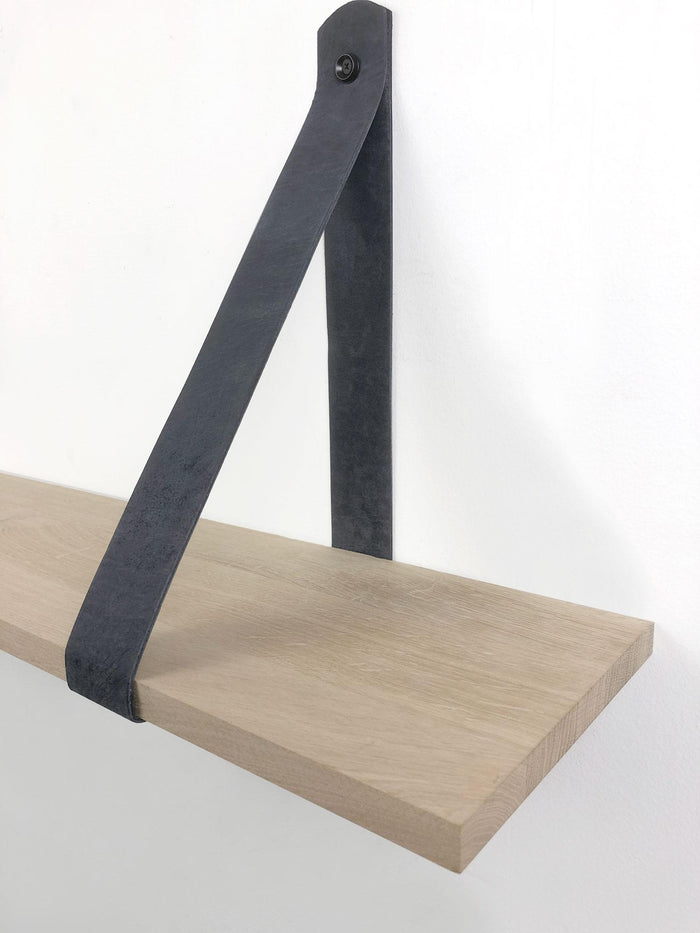 Woodbrothers Eiken 18mm wandplank recht 120x20cm + leren riem grijs