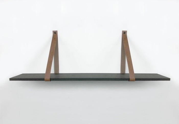 Woodbrothers 18mm wandplank recht zwart 100x20cm + leren riem cognac