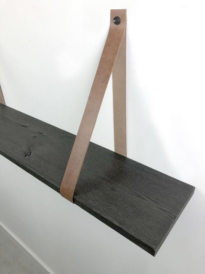 Woodbrothers 18mm wandplank recht zwart 60x20cm + leren riem cognac