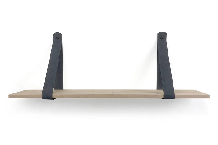 Woodbrothers Eiken 18mm wandplank recht 90x20cm + leren riem grijs