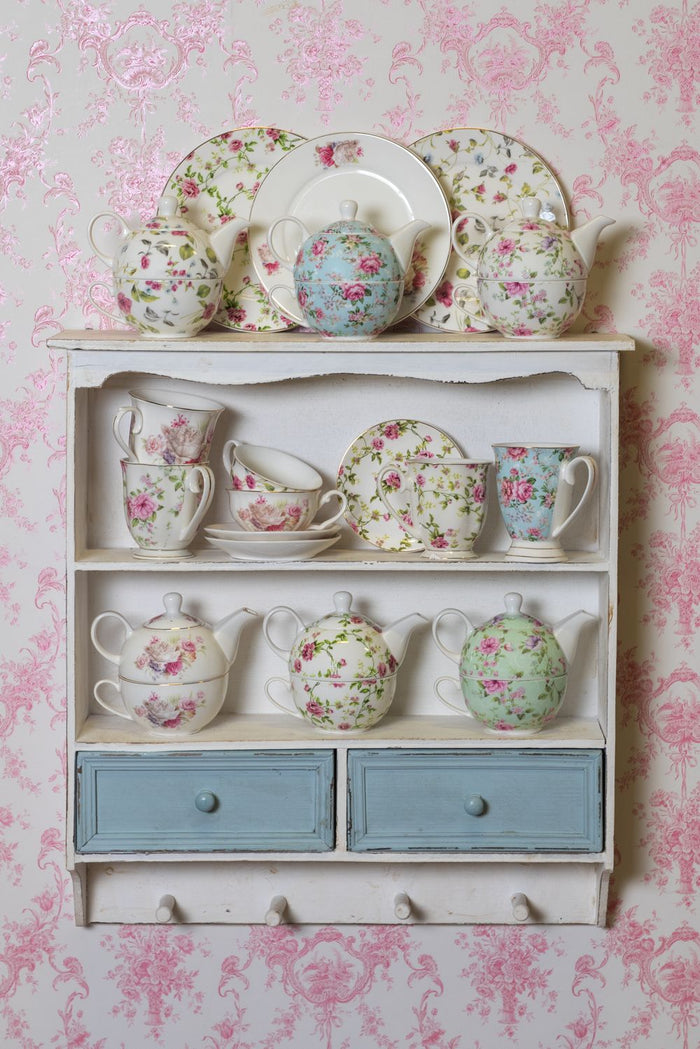 Clayre & Eef Kop en schotel 250 ml Roze Wit Porselein Rond Bloemen