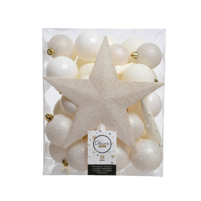 Decoris kerstballen - 34-dlg - wol wit - kunststof