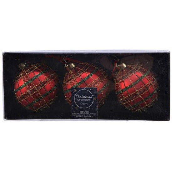 Decoris Kerstbal - rood - 3 stuks - ruit en glitters - glas - 8cm