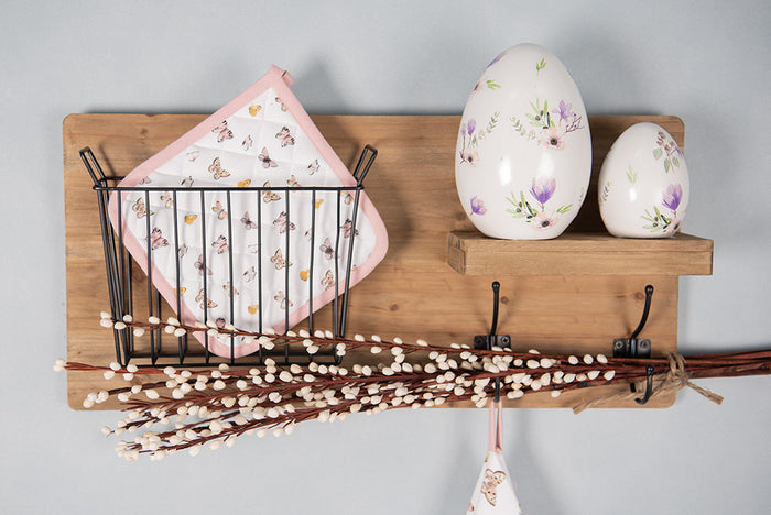 Clayre & Eef Decoratie Beeld Ei Ø 7x10 cm Wit Paars Terracotta Bloemen