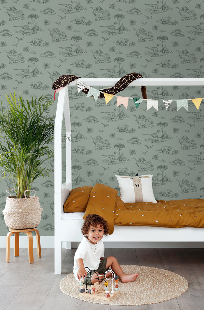 ESTAhome behang dinosaurussen vergrijsd groen - 0,53 x 10,05 m - 13935